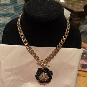 Elegant Gold and Black Enamel w/Cubic Zirconia Diamond Cluster Floral Necklace